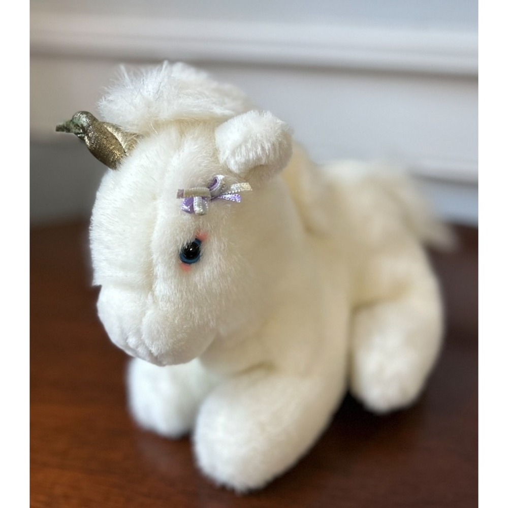 Vintage Gund White Unicorn Plush Stuffed Animal Gold Horn Blue Eyes Purple Bow